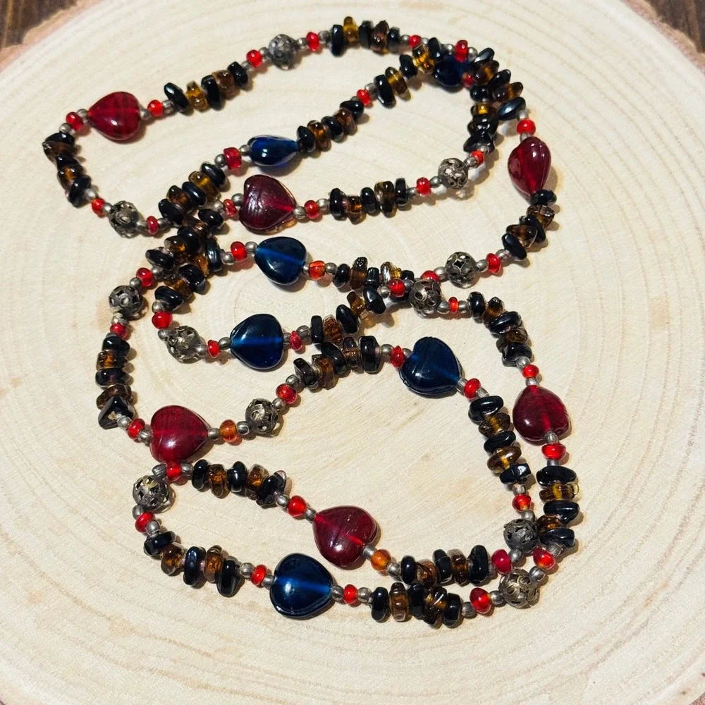 VTG BOHO Heart Necklace‎ colorful poured art Glass beads strand Statement 42